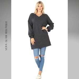 Oversized V-Neck Long Line Sweatshirt